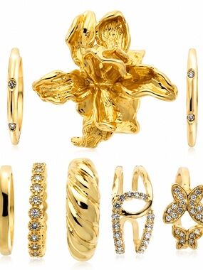 Rachel Zoe Gold Floral Cocktail 8 pcs Ring Set with Crystal Accents